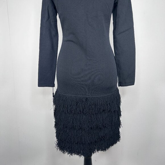 Calvin Klein Sheath Dress Women's Small Shag Fringe Trim Knit Black Party NWT - Picture 5 of 16